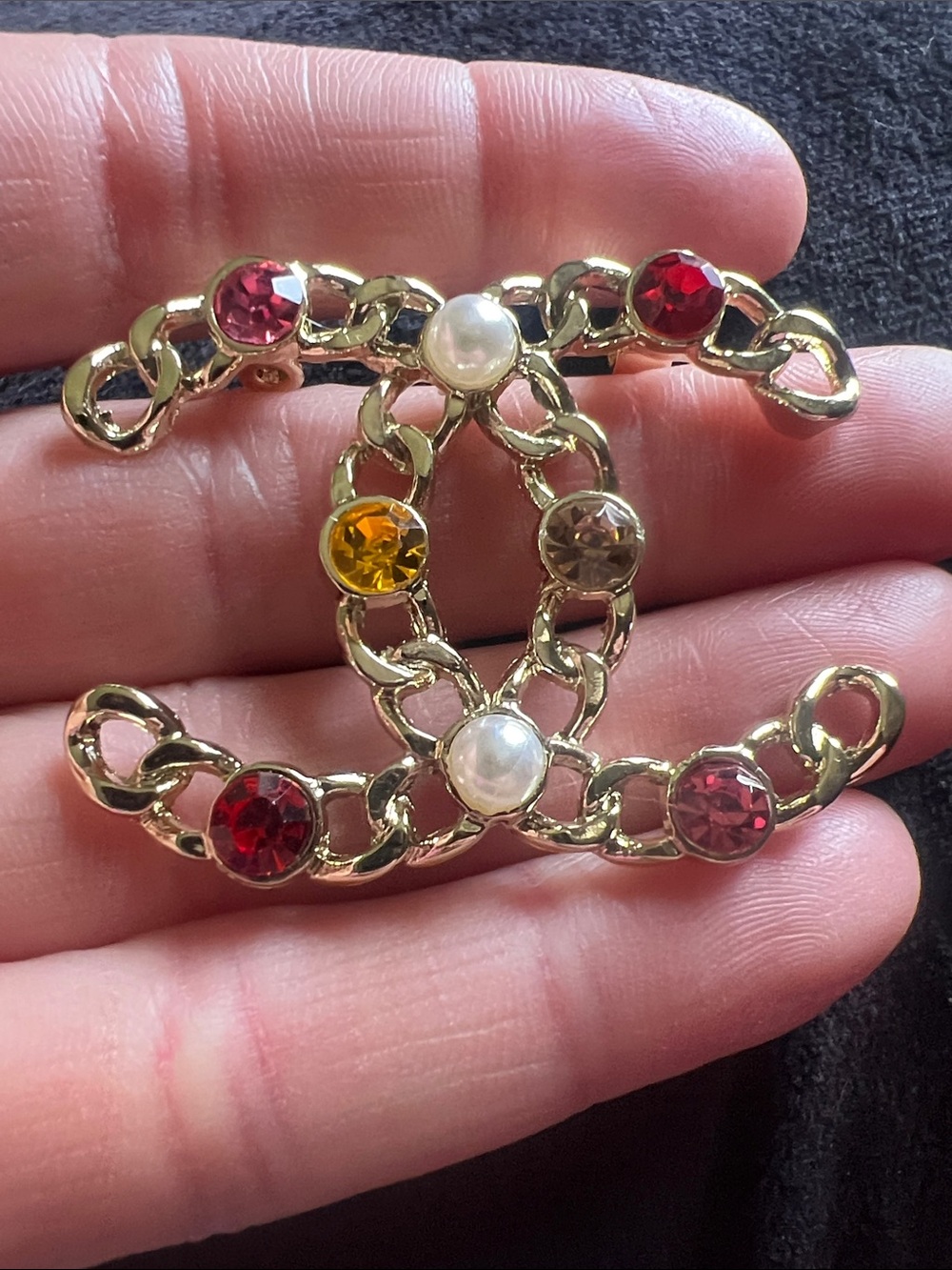 Gold-Tone Crystal Chain Logo Brooch - Multicolor - Picture 8 of 8